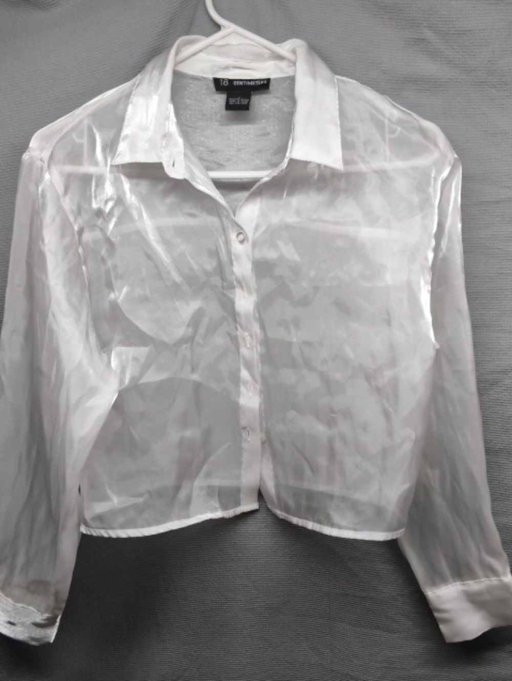 18 Centimeters S White Sheer Organza Button Up Blouse Y2K Shimmer